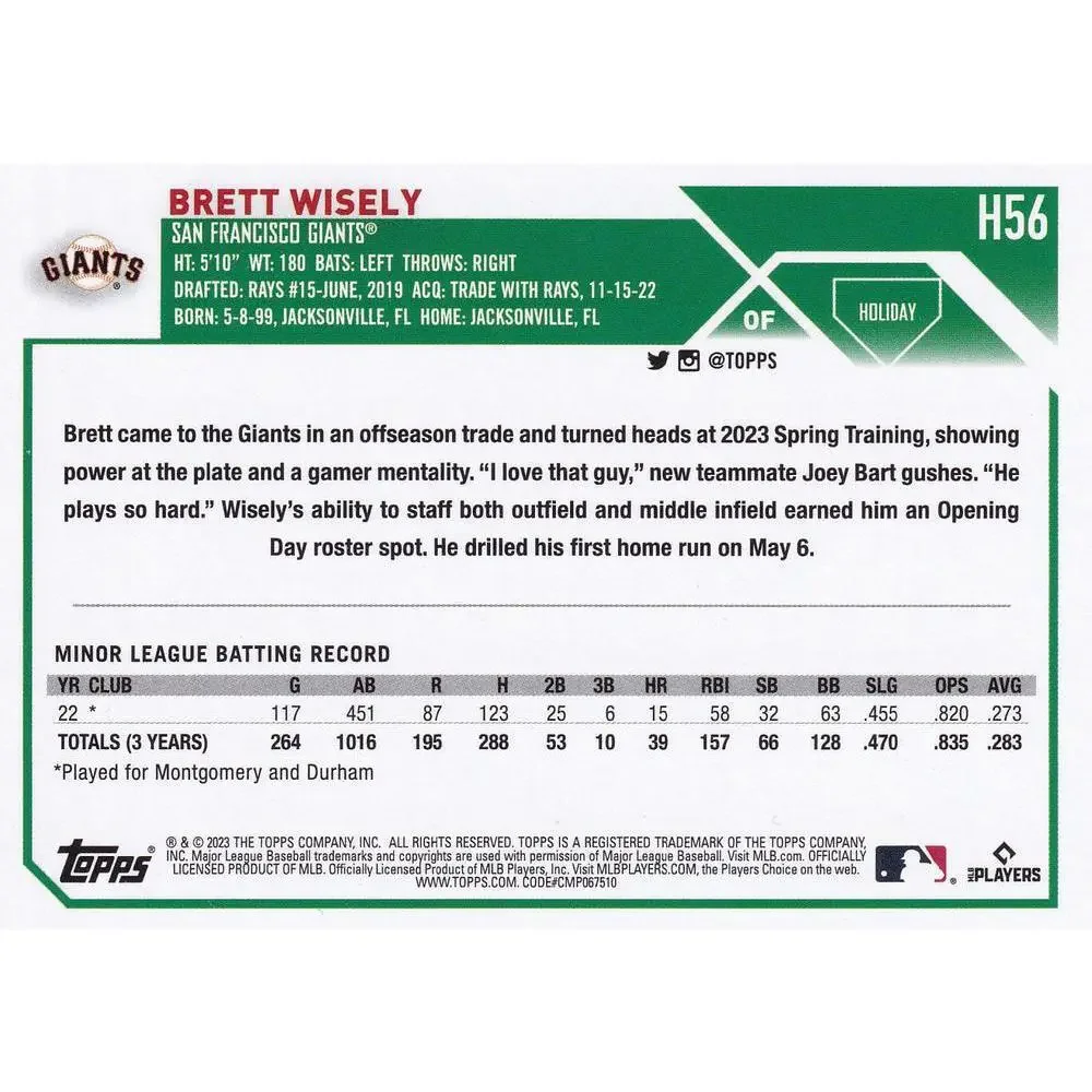2023 Topps Holiday Brett Wisely RC H56 San Francisco Giants